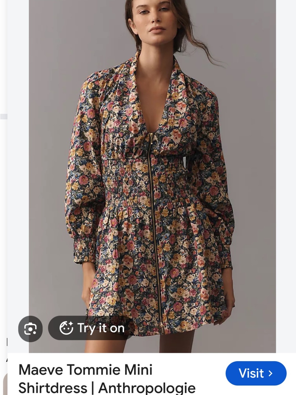Maeve Navy Floral Mini Shirtdress with Pink and Yellow Blooms